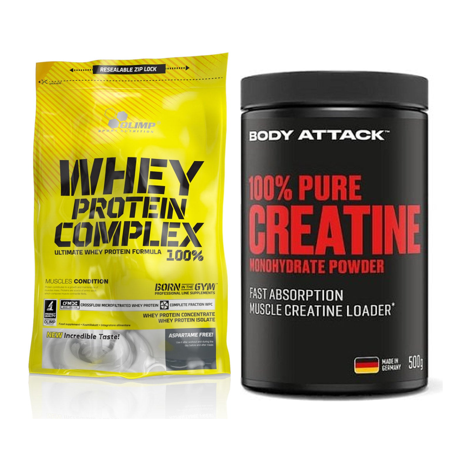 Muskelaufbau-Set: Olimp Whey Protein + Body Attack 100% Pure – alle enthaltenen Artikel