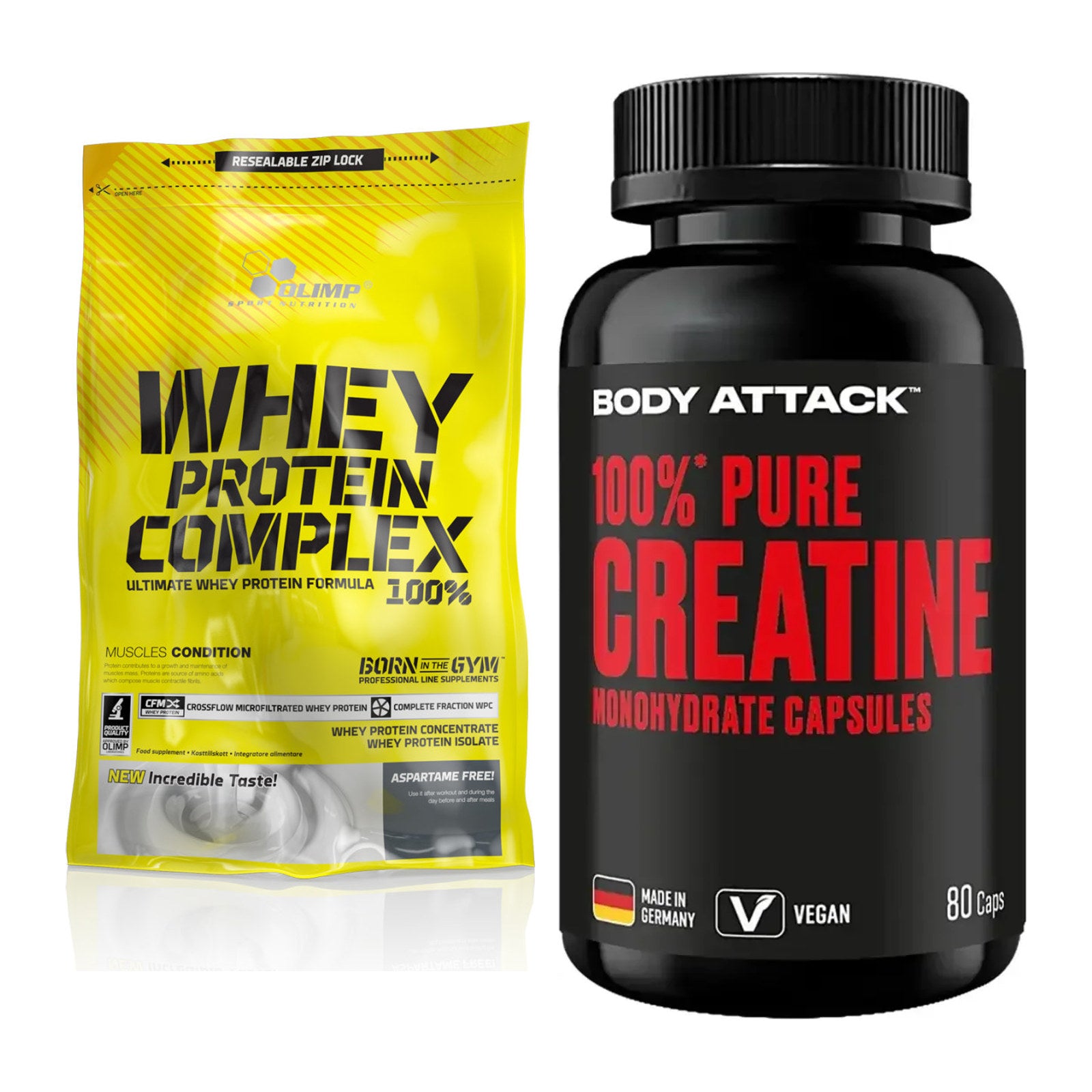 Muskelaufbau-Set: Olimp Whey Protein + Body Attack 100% Pure – alle enthaltenen Artikel