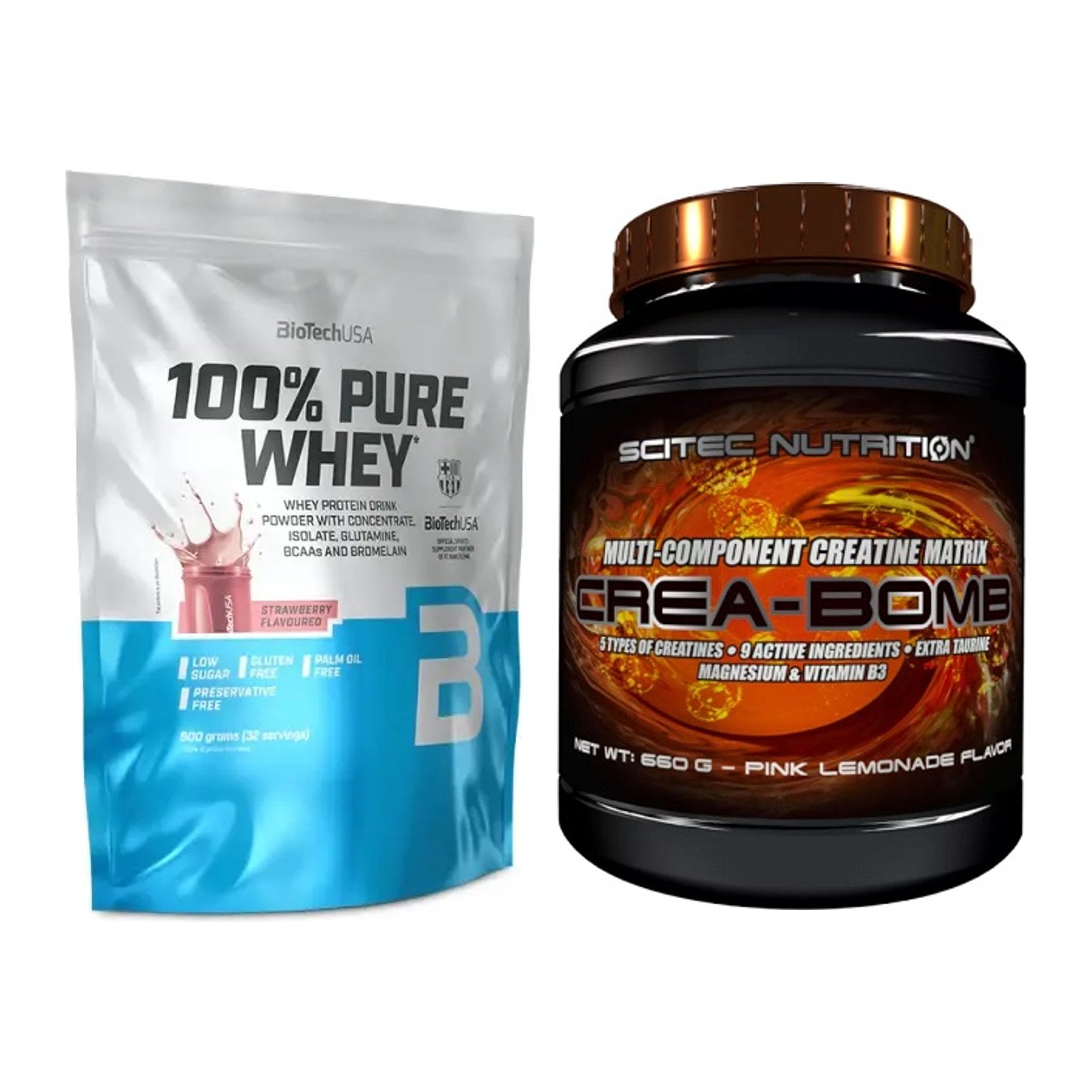 Muskelaufbau-Set: BioTech 100% Pure Whey + Scitec Crea-Bomb – alle enthaltenen Artikel