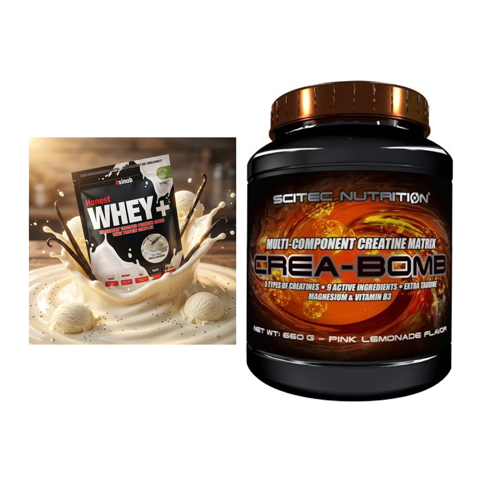 Muskelaufbau-Set: Sinob Honest Whey+ + Scitec Crea-Bomb – alle enthaltenen Artikel