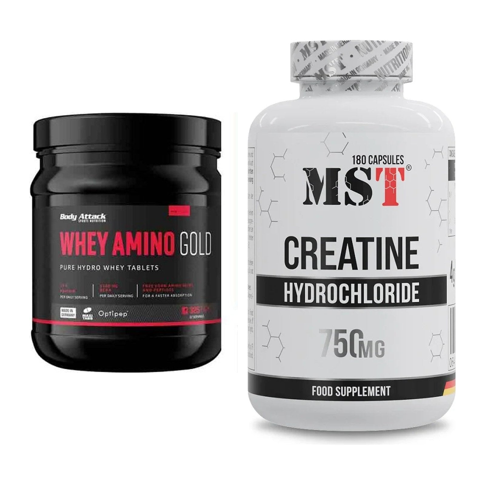 Muskelaufbau-Set: Body Attack Whey Amino Gold + MST Creatine HCL – alle enthaltenen Artikel