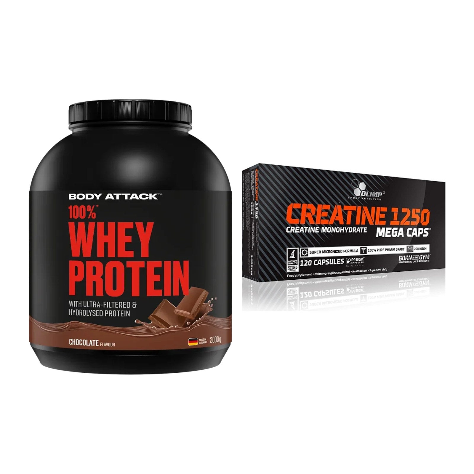 Muskelaufbau-Set: Body Attack 100% Whey + Olimp Creatine Mega Caps – alle enthaltenen Artikel