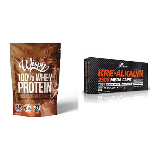 Muskelaufbau-Set: Wispy Whey 100% + Olimp Kre Alkalyn 2500 – alle enthaltenen Artikel