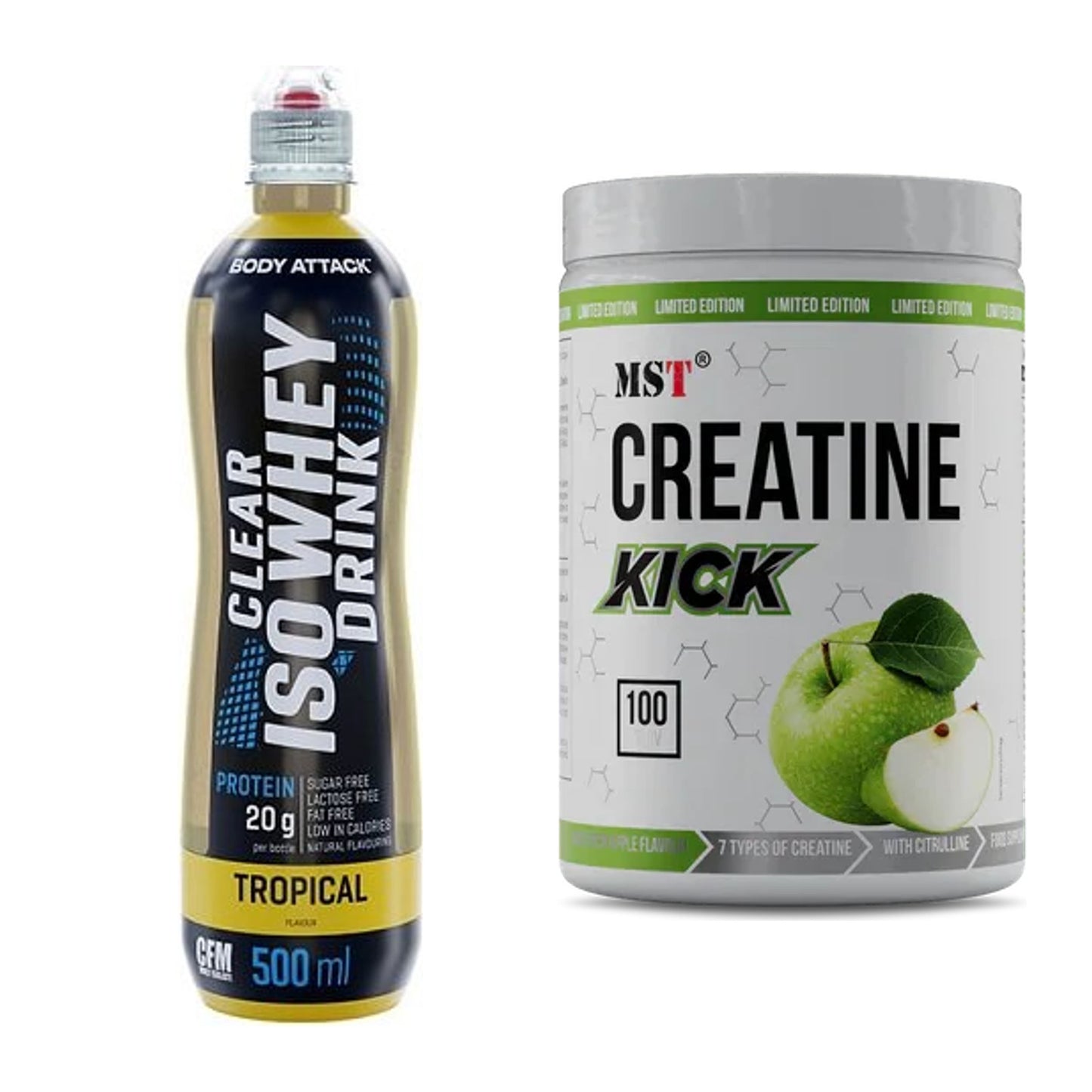 Muskelaufbau-Set: Body Attack Clear Iso Whey Drink + MST Creatine Kick – alle enthaltenen Artikel