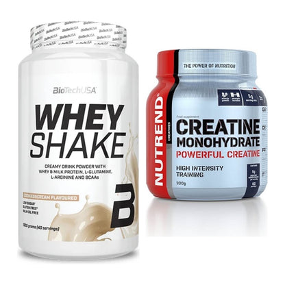 Muskelaufbau-Set: BioTech Whey Shake + Nutrend Creatine Monohydrate – alle enthaltenen Artikel
