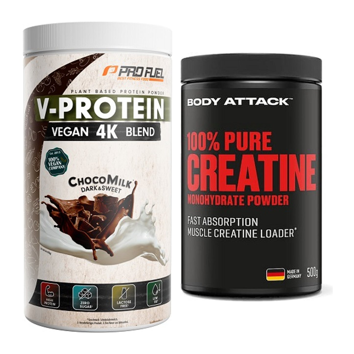 Muskelaufbau-Set: ProFuel V-PROTEIN vegan + Body Attack 100% Pure – alle enthaltenen Artikel