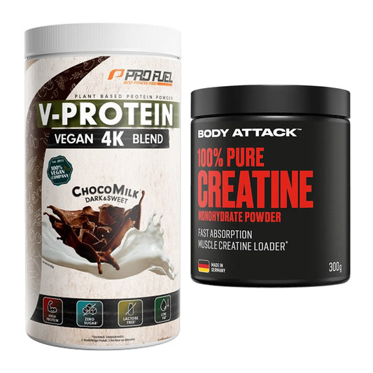 Muskelaufbau-Set: ProFuel V-PROTEIN vegan + Body Attack 100% Pure – alle enthaltenen Artikel