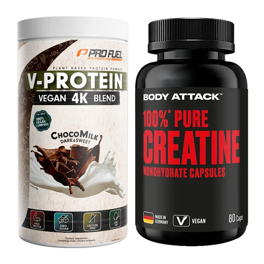 Muskelaufbau-Set: ProFuel V-PROTEIN vegan + Body Attack 100% Pure – alle enthaltenen Artikel