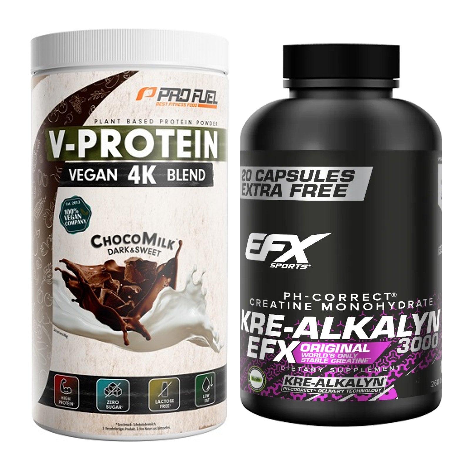 Muskelaufbau-Set: ProFuel V-PROTEIN vegan + EFX Kre-Alkalyn 3000 – alle enthaltenen Artikel