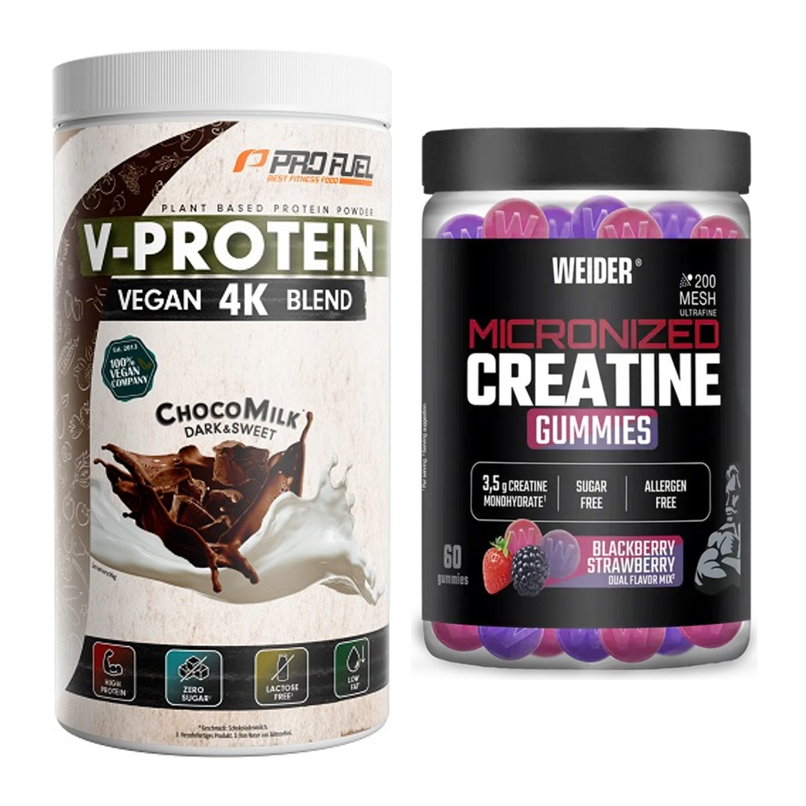 Muskelaufbau-Set: ProFuel V-PROTEIN vegan + Weider Micronized – alle enthaltenen Artikel