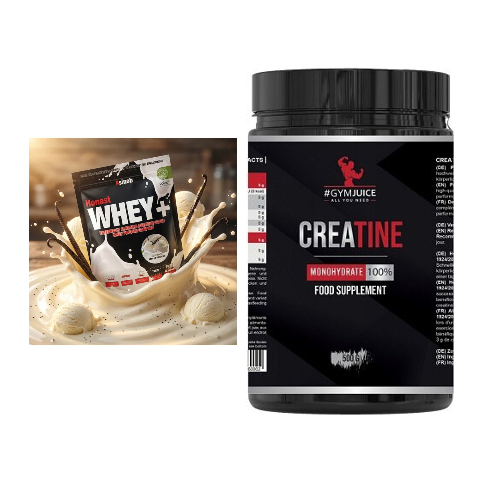Muskelaufbau-Set: Sinob Honest Whey+ + #GYMJUICE Creatine Monohydrate – alle enthaltenen Artikel