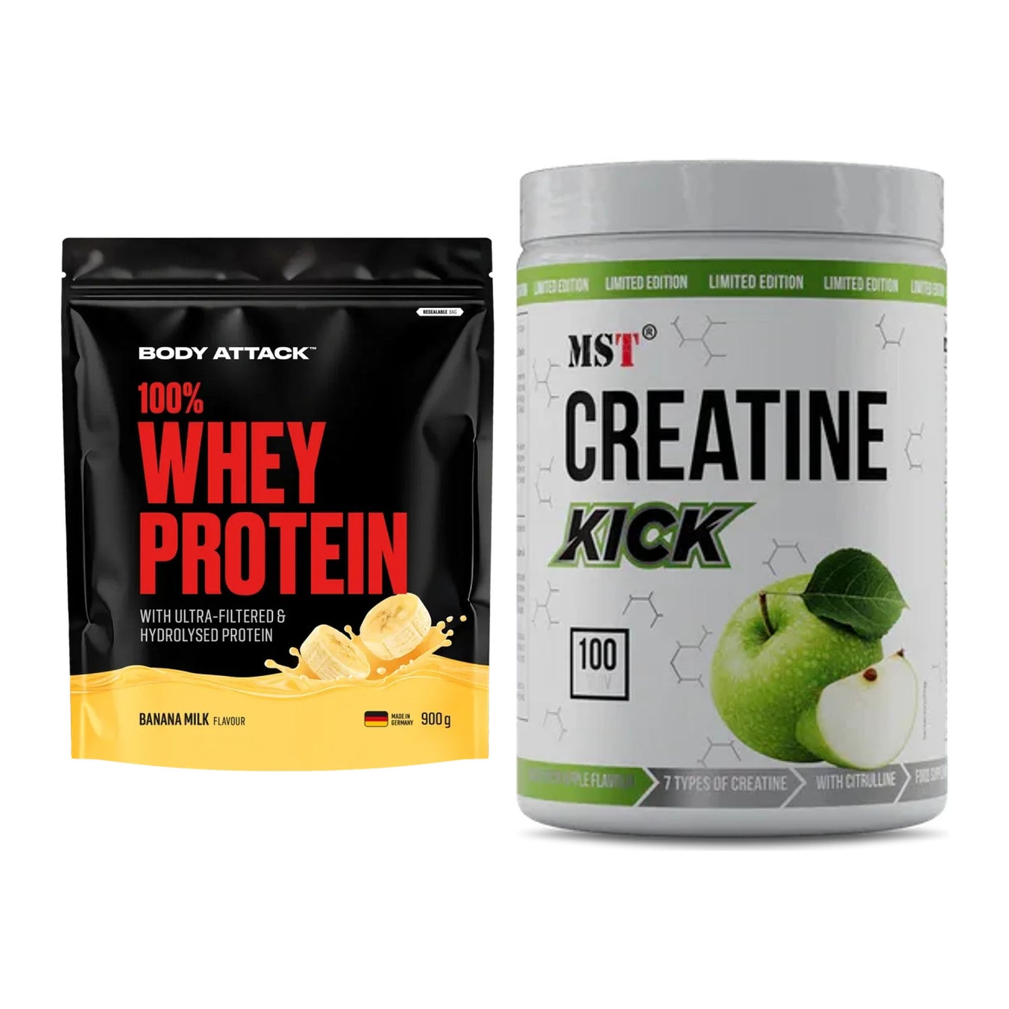 Muskelaufbau-Set: Body Attack 100% Whey + MST Creatine Kick 1000g – alle enthaltenen Artikel