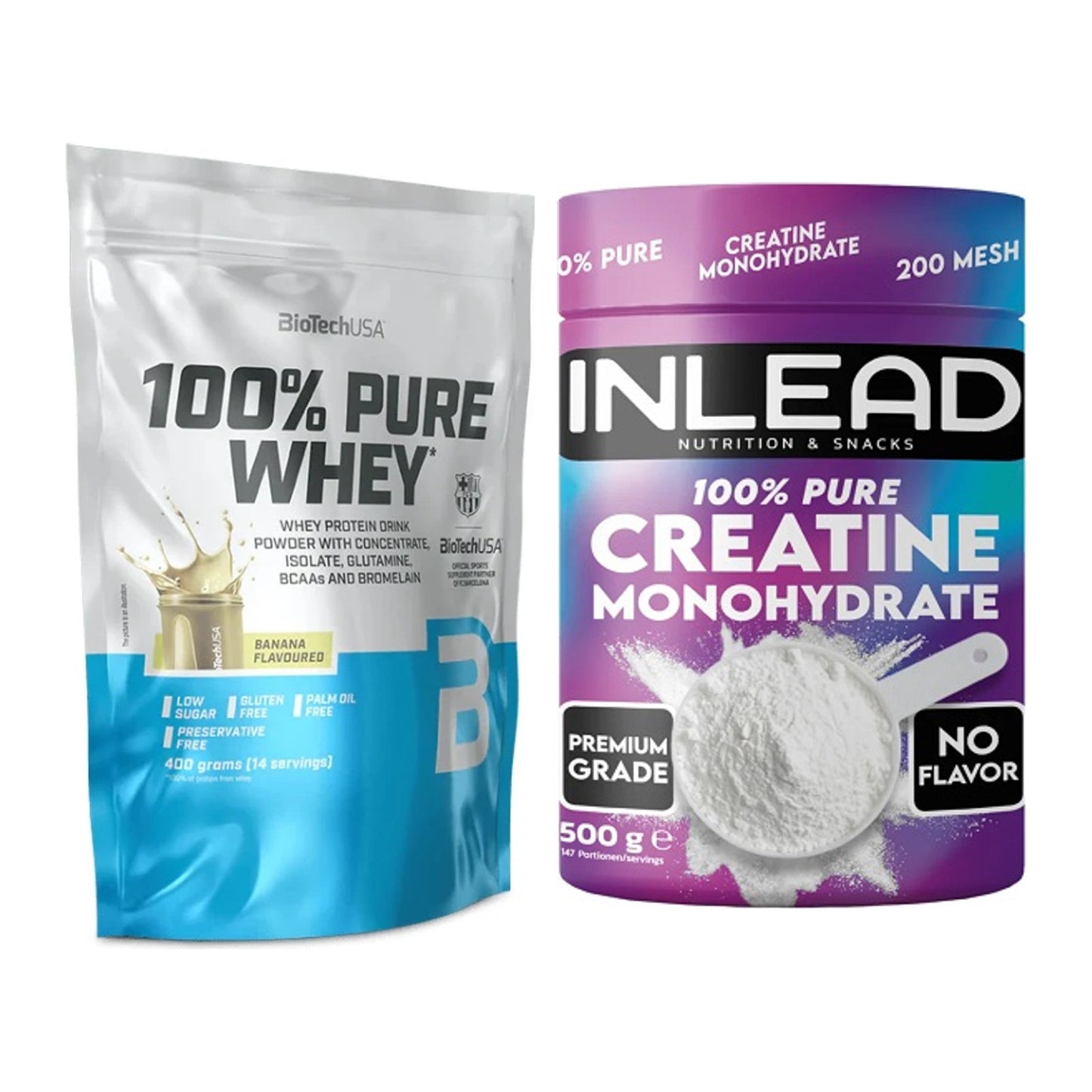 Muskelaufbau-Set: BioTech 100% Pure Whey + INLEAD Creatine Monohydrate – alle enthaltenen Artikel