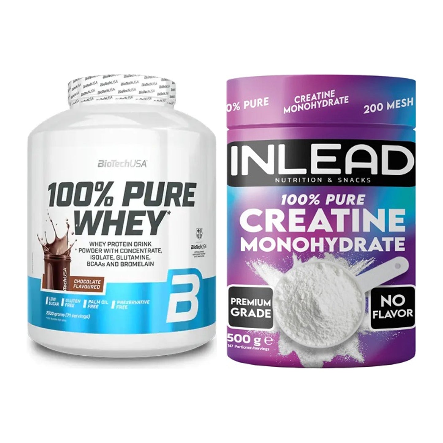 Muskelaufbau-Set: BioTech 100% Pure Whey + INLEAD Creatine Monohydrate – alle enthaltenen Artikel