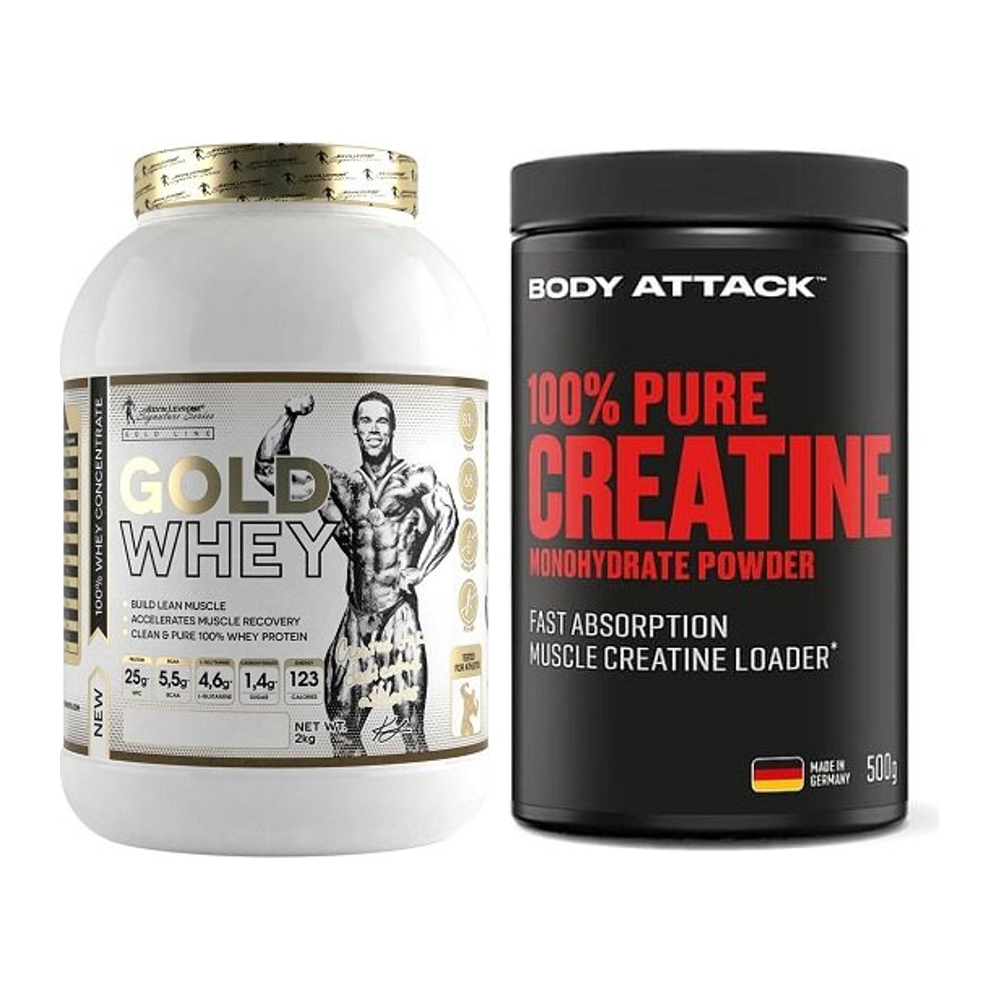 Muskelaufbau-Set: Kevin Levrone Gold Whey + Body Attack 100% Pure – alle enthaltenen Artikel
