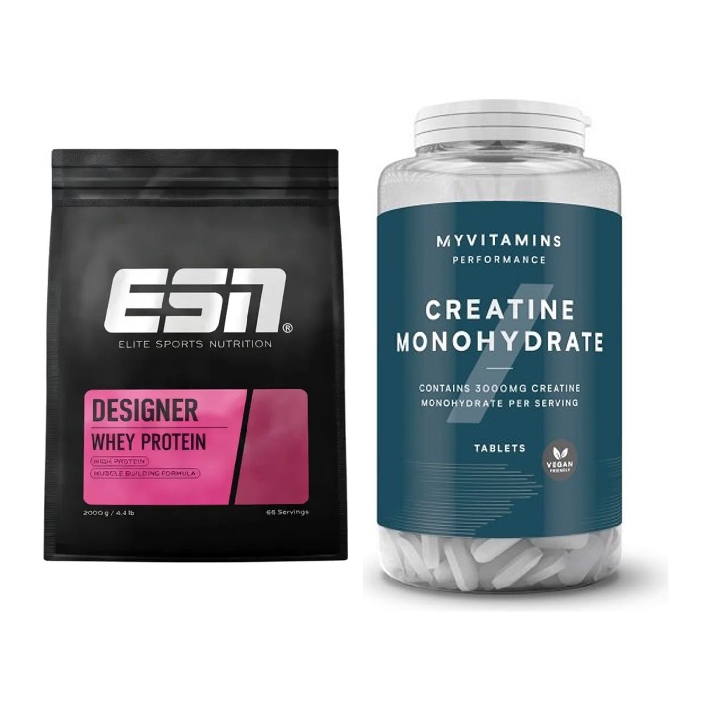 Muskelaufbau-Set: ESN Designer Whey + MyProtein MyVitamins Creatine – alle enthaltenen Artikel