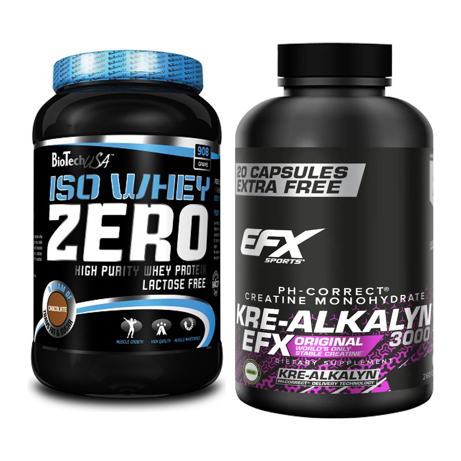 Muskelaufbau-Set: BioTech Iso Whey Zero + EFX Kre-Alkalyn 3000 – alle enthaltenen Artikel