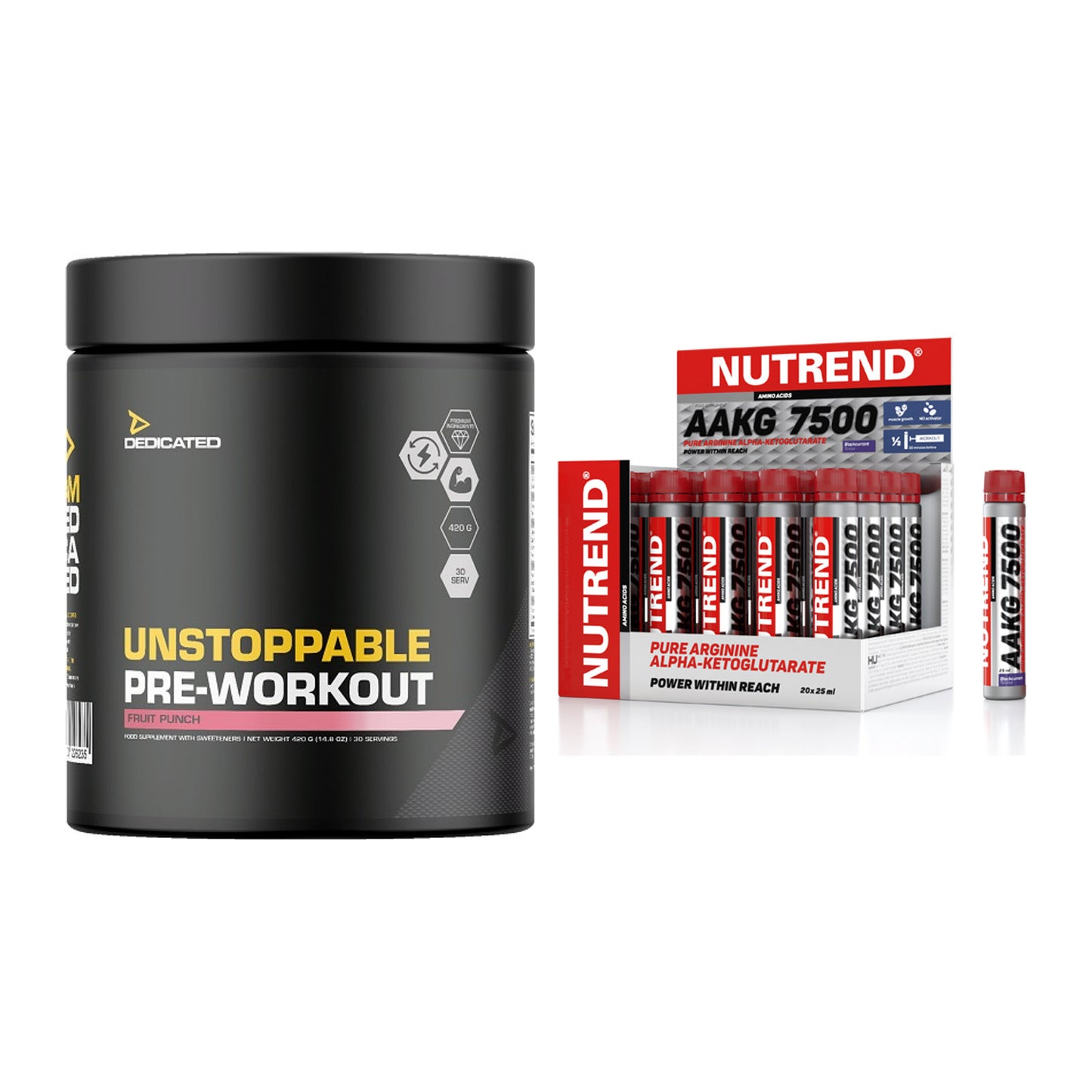 Trainings-Set: Dedicated Unstoppable + Nutrend AAKG 7500 Shots – alle enthaltenen Artikel