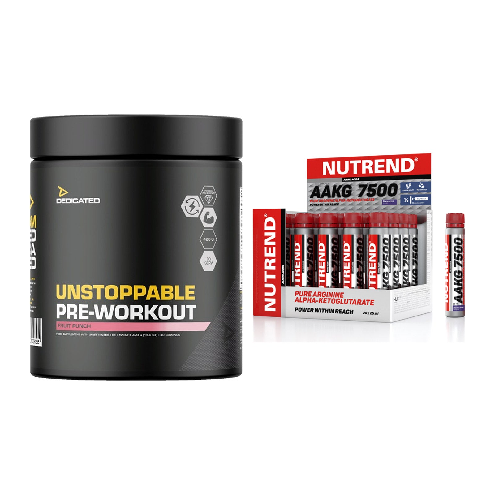 Trainings-Set: Dedicated Unstoppable + Nutrend AAKG 7500 Shots – alle enthaltenen Artikel