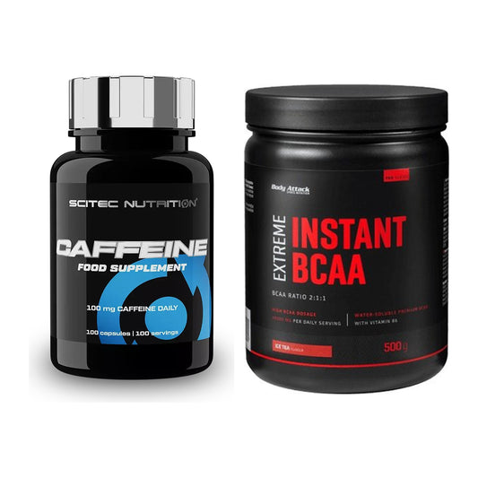 Treningssett: Scitec Koffein + Body Attack Instant BCAA Extreme - alle varer inkludert
