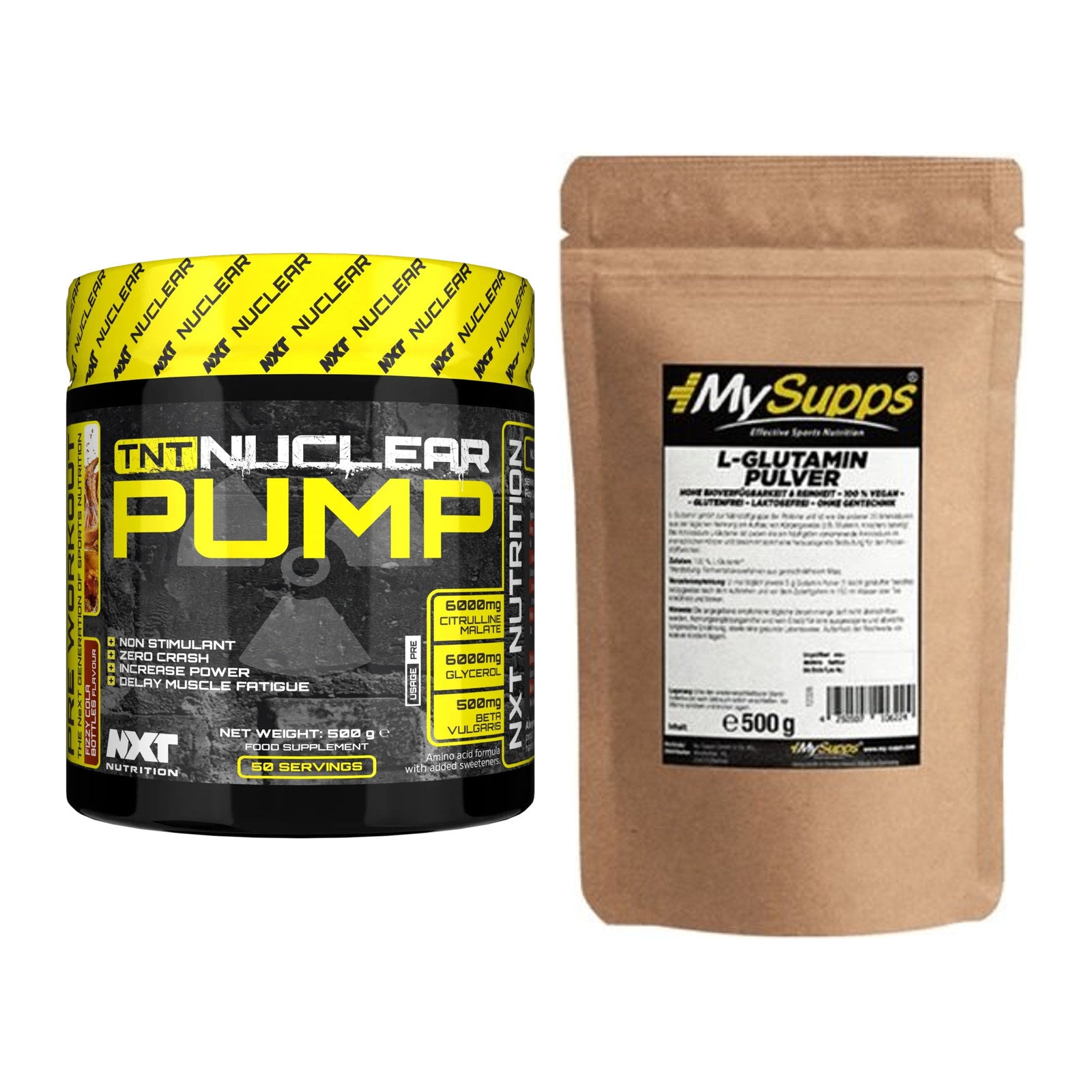 Trainings-Set: NXT Nutrition TNT Nuclear Pump + MySupps Glutamine – alle enthaltenen Artikel