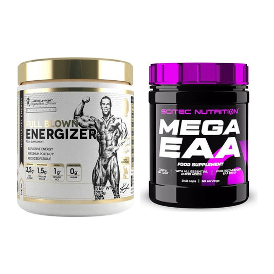 Treningssett: Kevin Levrone Full Blown Energizer + Scitec Mega EAA - alle varer inkludert