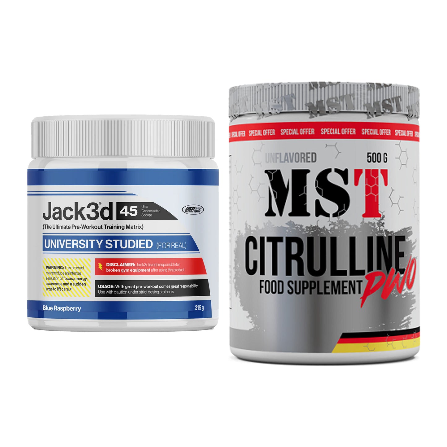 Trainings-Set: USP Labs Jack3d 45 Serv. + MST Citrulline Malat 500g – alle enthaltenen Artikel