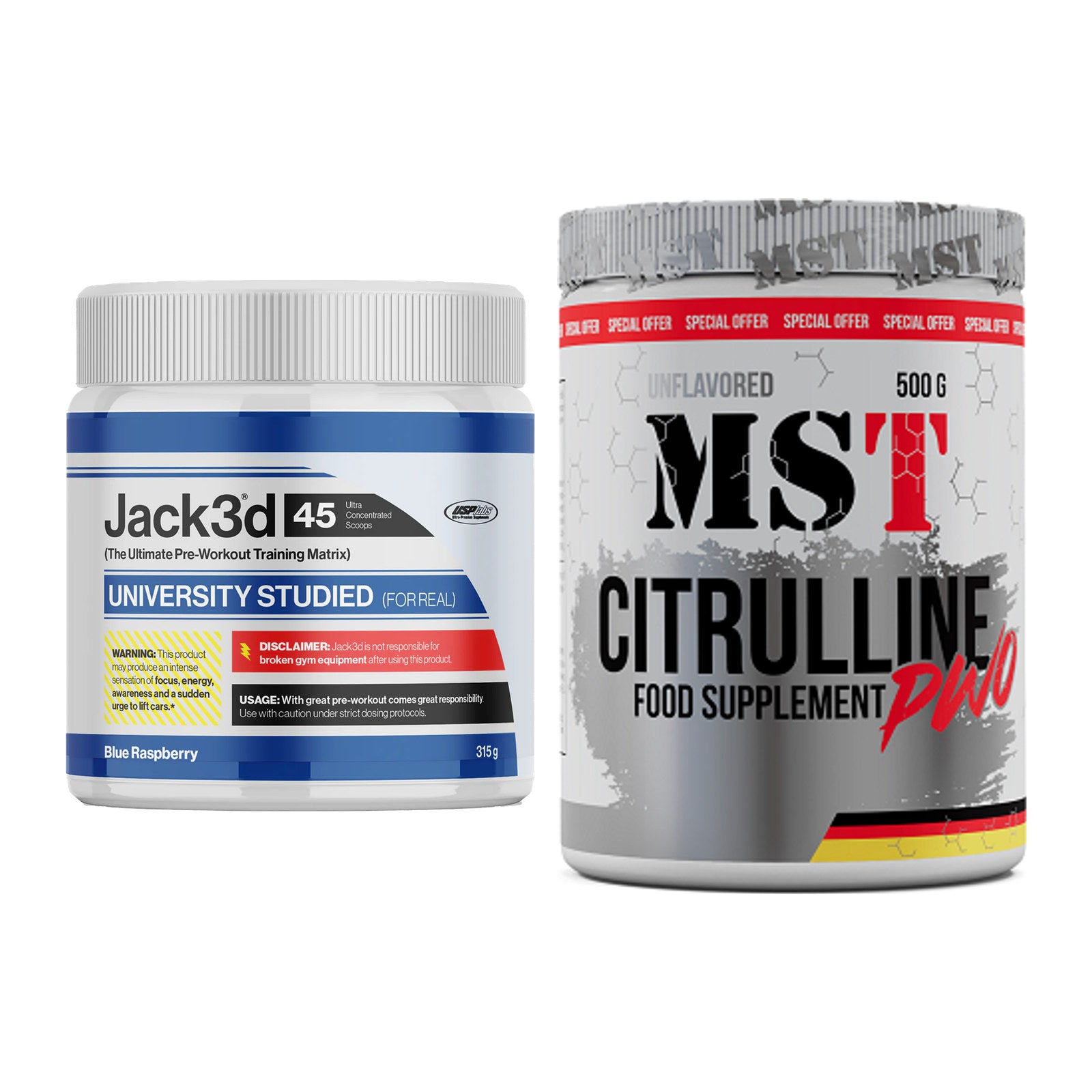 Trainings-Set: USP Labs Jack3d 45 Serv. + MST Citrulline Malat 500g – alle enthaltenen Artikel