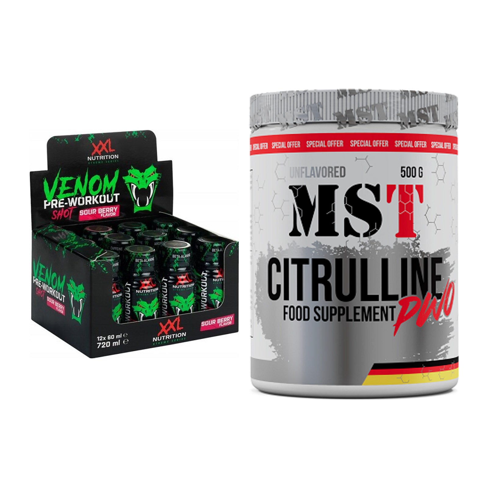 Trainings-Set: XXL Nutrition Venom Shot + MST Citrulline Malat 500g – alle enthaltenen Artikel