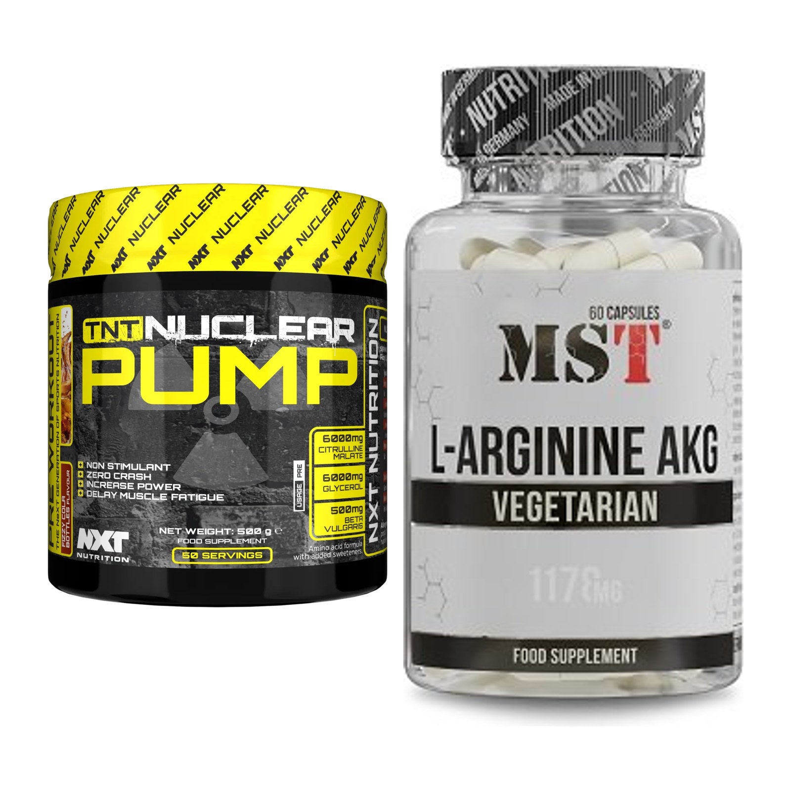 Trainings-Set: NXT Nutrition TNT Nuclear + MST Arginin AAKG 1178mg – alle enthaltenen Artikel