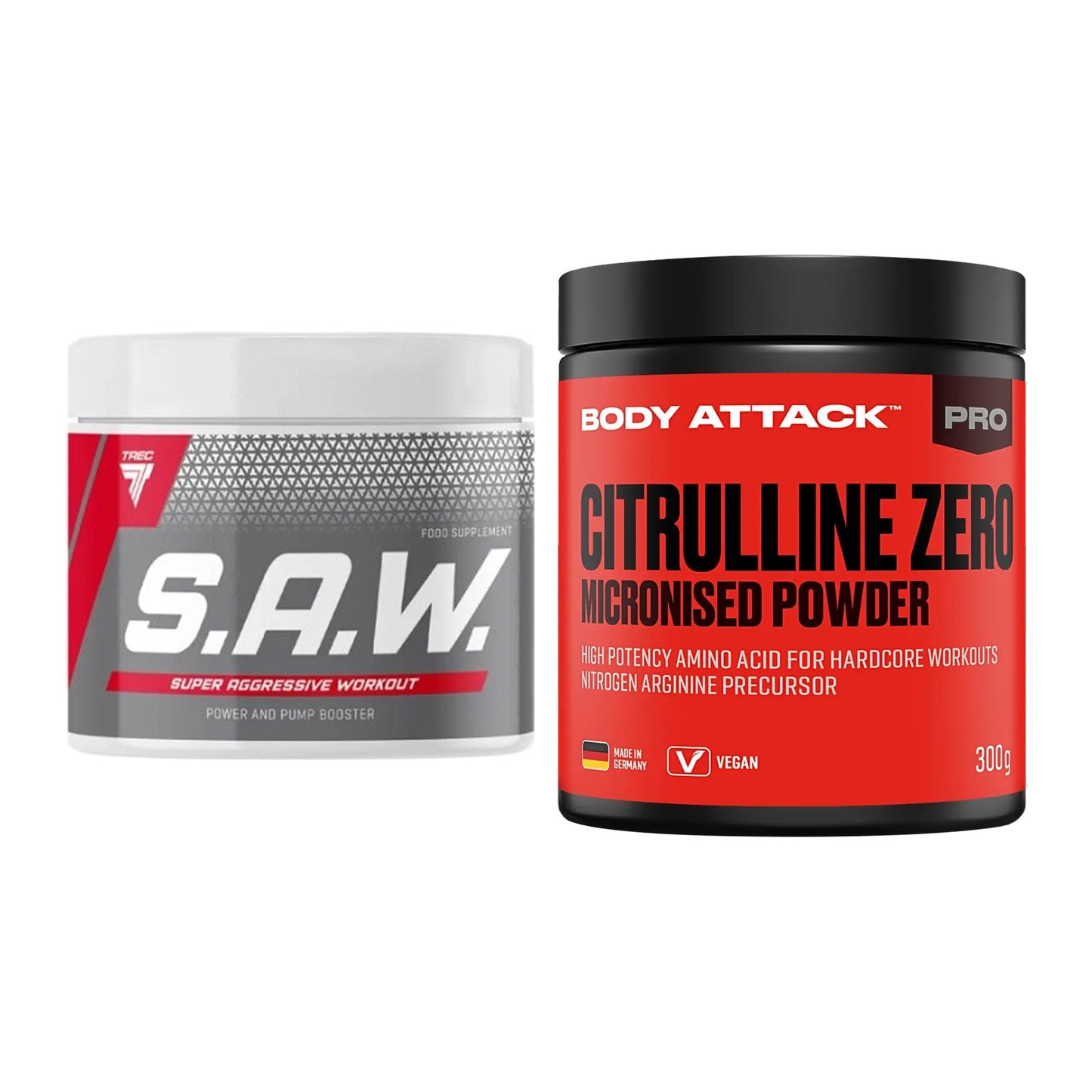 Trainings-Set: Trec Nutrition SAW Booster + Body Attack 100 % – alle enthaltenen Artikel