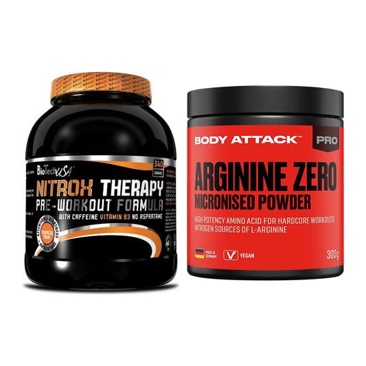 Edzőkészlet: BioTech NitroX Therapy + Body Attack 100% arginin - minden elemet tartalmaz