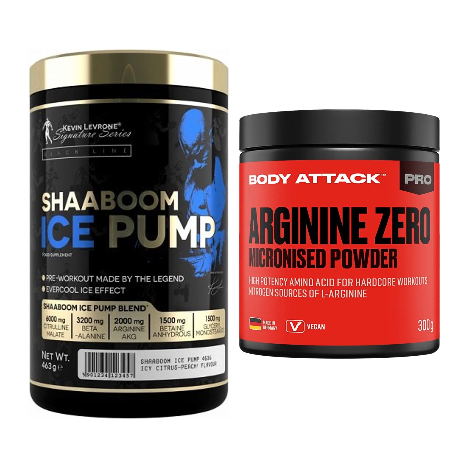 Trainings-Set: Kevin Levrone Shaaboom Ice + Body Attack 100 % Arginine – alle enthaltenen Artikel