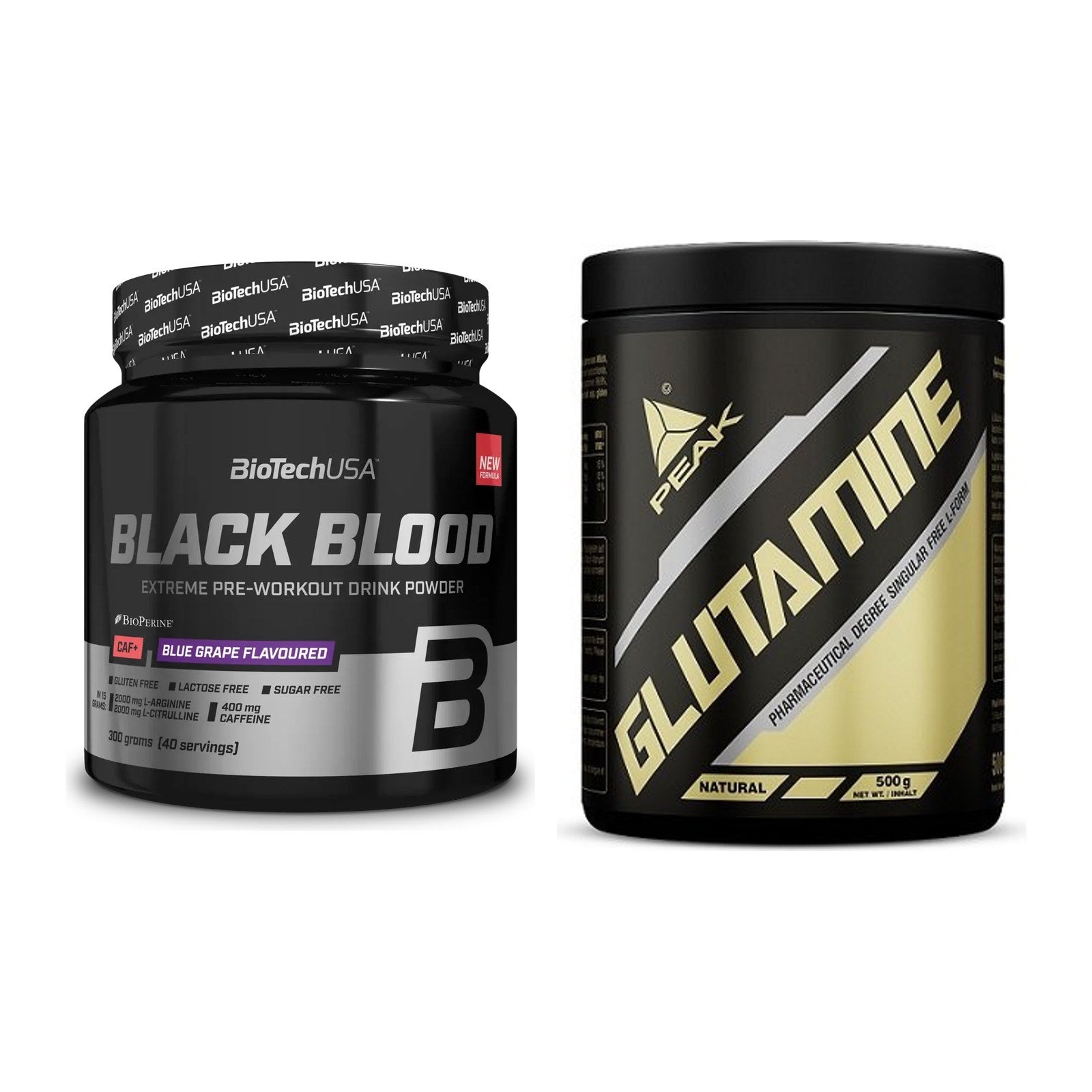 Trainings-Set: BioTech Black Blood CAF+ 300g (80 + Peak Glutamin – alle enthaltenen Artikel