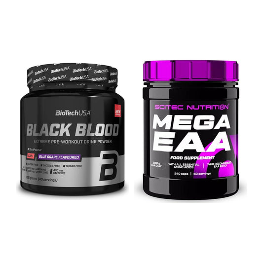 Trainings-Set: BioTech Black Blood CAF+ 300g (80 + Scitec Mega EAA – alle enthaltenen Artikel