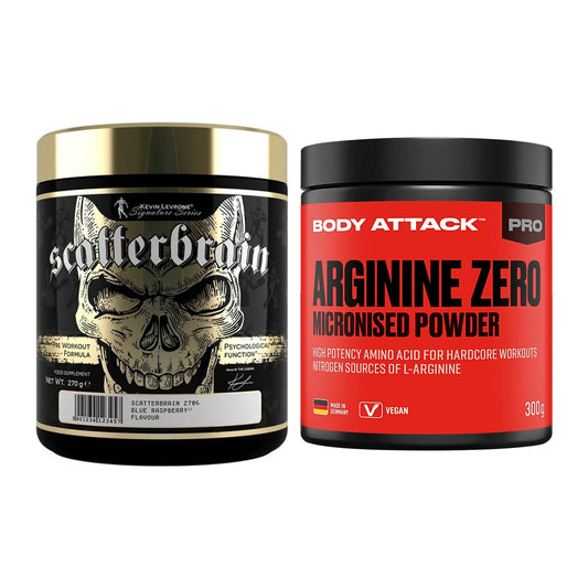 Conjunto de treino: Kevin Levrone Scatterbrain + Body Attack 100% Arginina - todos os artigos incluídos