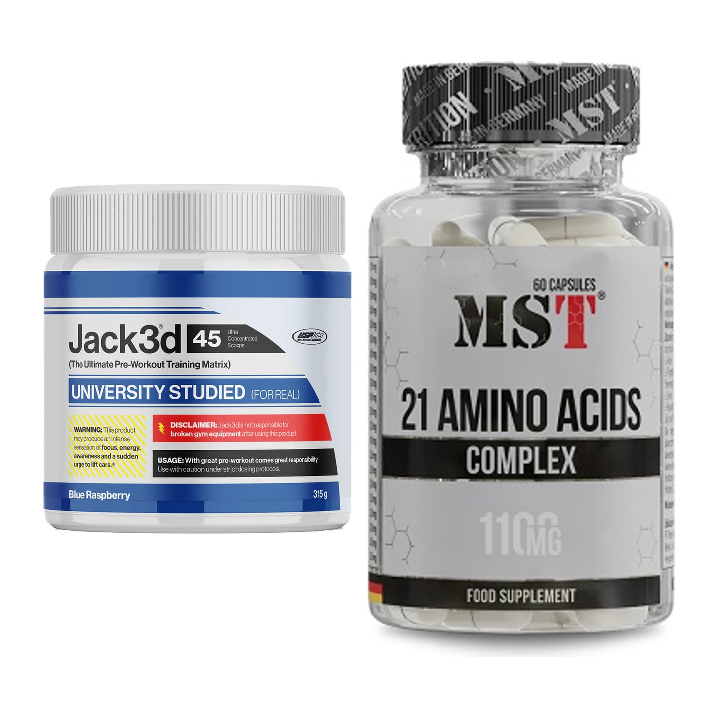 Trainings-Set: USP Labs Jack3d 45 Serv. + MST 21 Amino Acids – alle enthaltenen Artikel