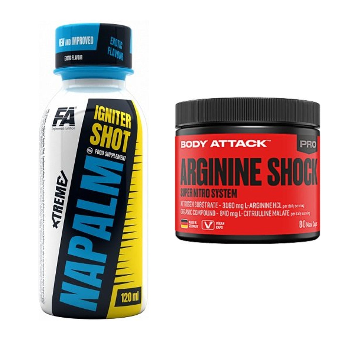 Trainings-Set: FA Nutrition Xtreme Napalm + Body Attack Arginine Shock – alle enthaltenen Artikel