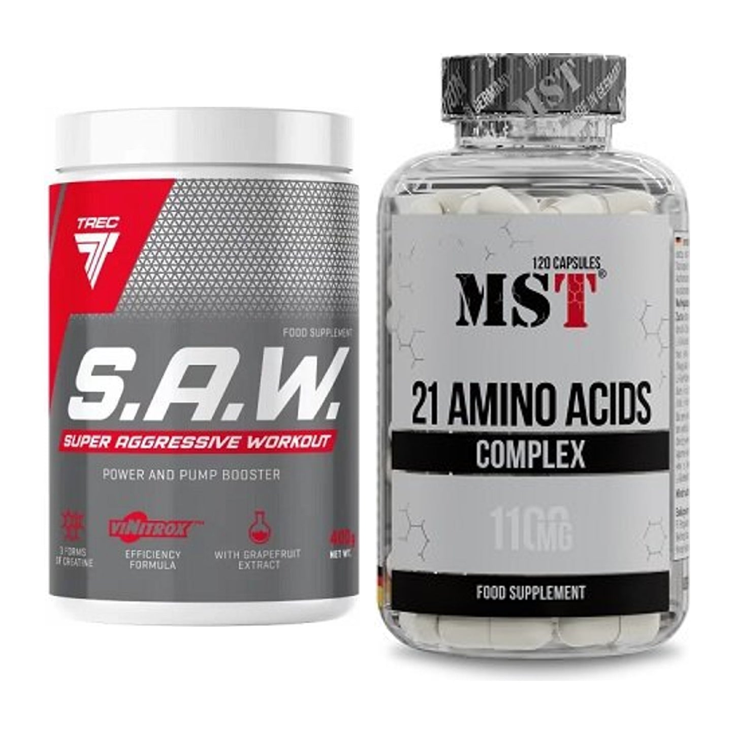 Trainings-Set: Trec Nutrition SAW Booster + MST 21 Amino Acids – alle enthaltenen Artikel