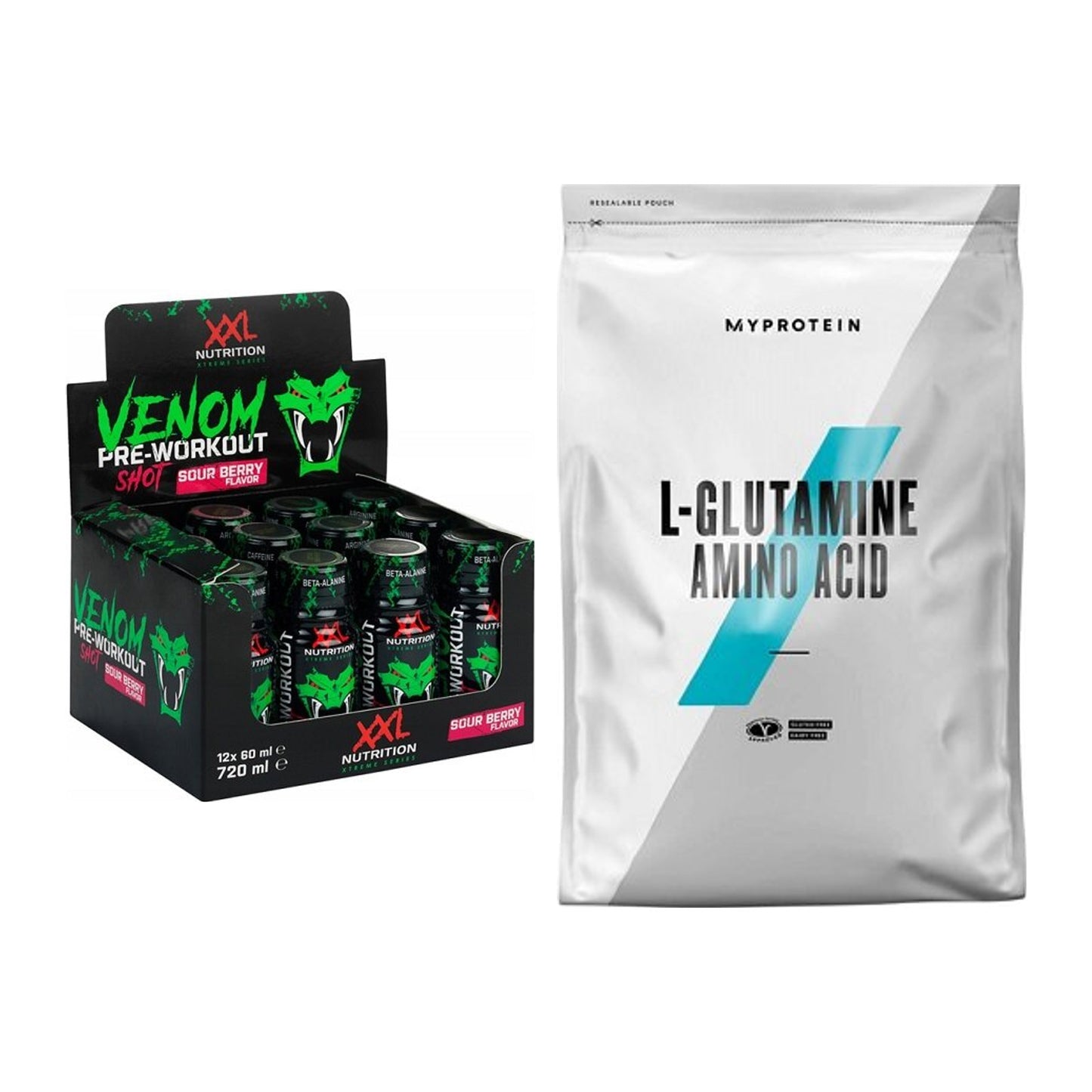 Trainings-Set: XXL Nutrition Venom Shot + MyProtein Glutamin – alle enthaltenen Artikel