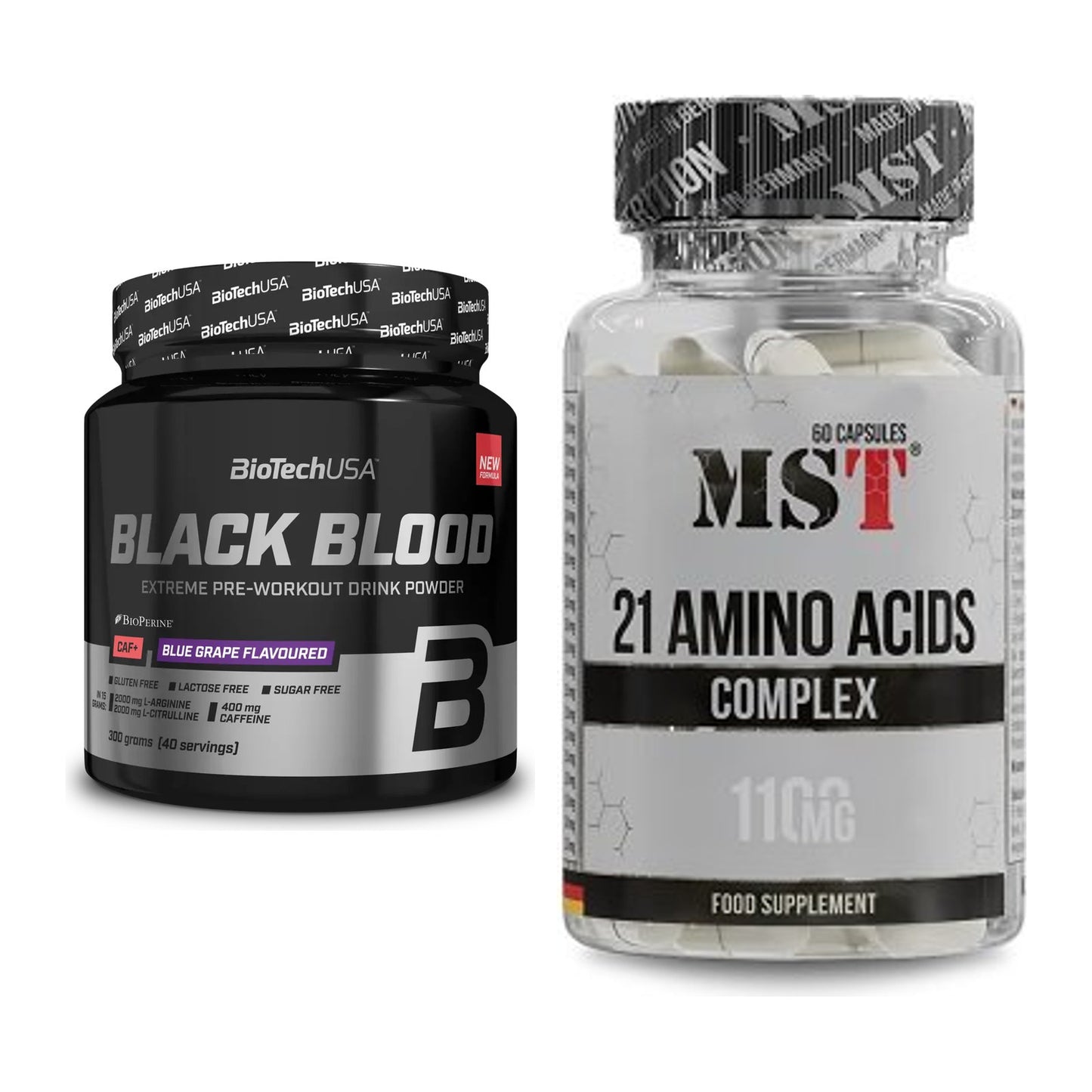 Trainings-Set: BioTech Black Blood CAF+ 300g (80 + MST 21 Amino Acids – alle enthaltenen Artikel