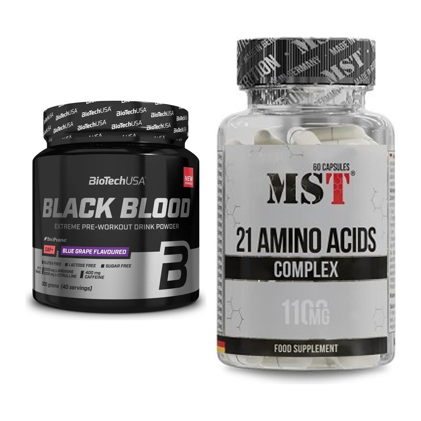 Trainings-Set: BioTech Black Blood CAF+ 300g (80 + MST 21 Amino Acids – alle enthaltenen Artikel