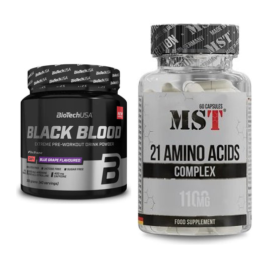 Trainings-Set: BioTech Black Blood CAF+ 300g (80 + MST 21 Amino Acids – alle enthaltenen Artikel