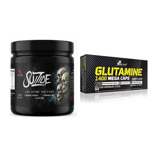Trainings-Set: #GYMJUICE SUIZIDE Booster + Olimp L-Glutamine Mega Caps – alle enthaltenen Artikel