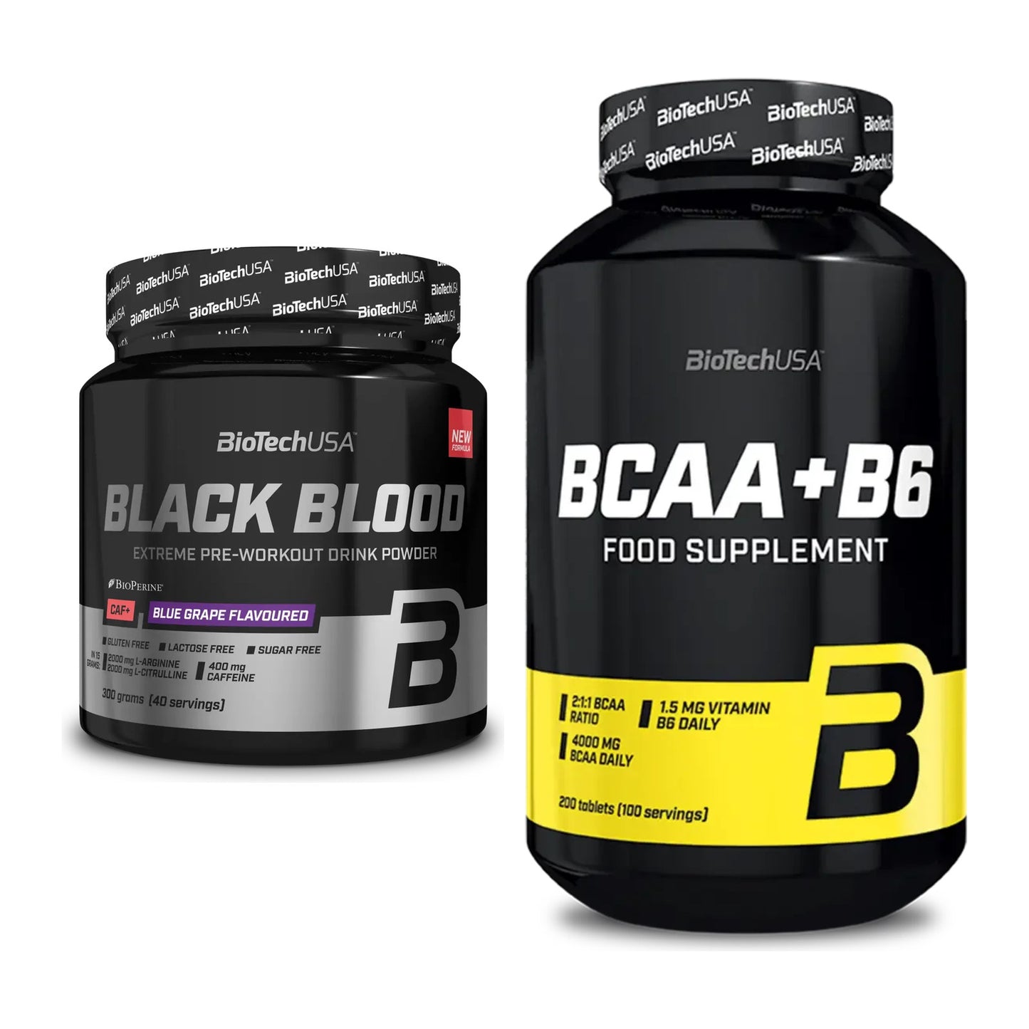 Тренировъчен комплект: BioTech Black Blood CAF + BioTech BCAA+B6 200 таблетки - всички артикули са включени