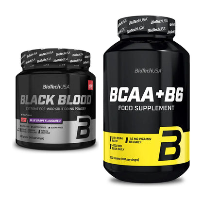 Тренировъчен комплект: BioTech Black Blood CAF + BioTech BCAA+B6 200 таблетки - всички артикули са включени