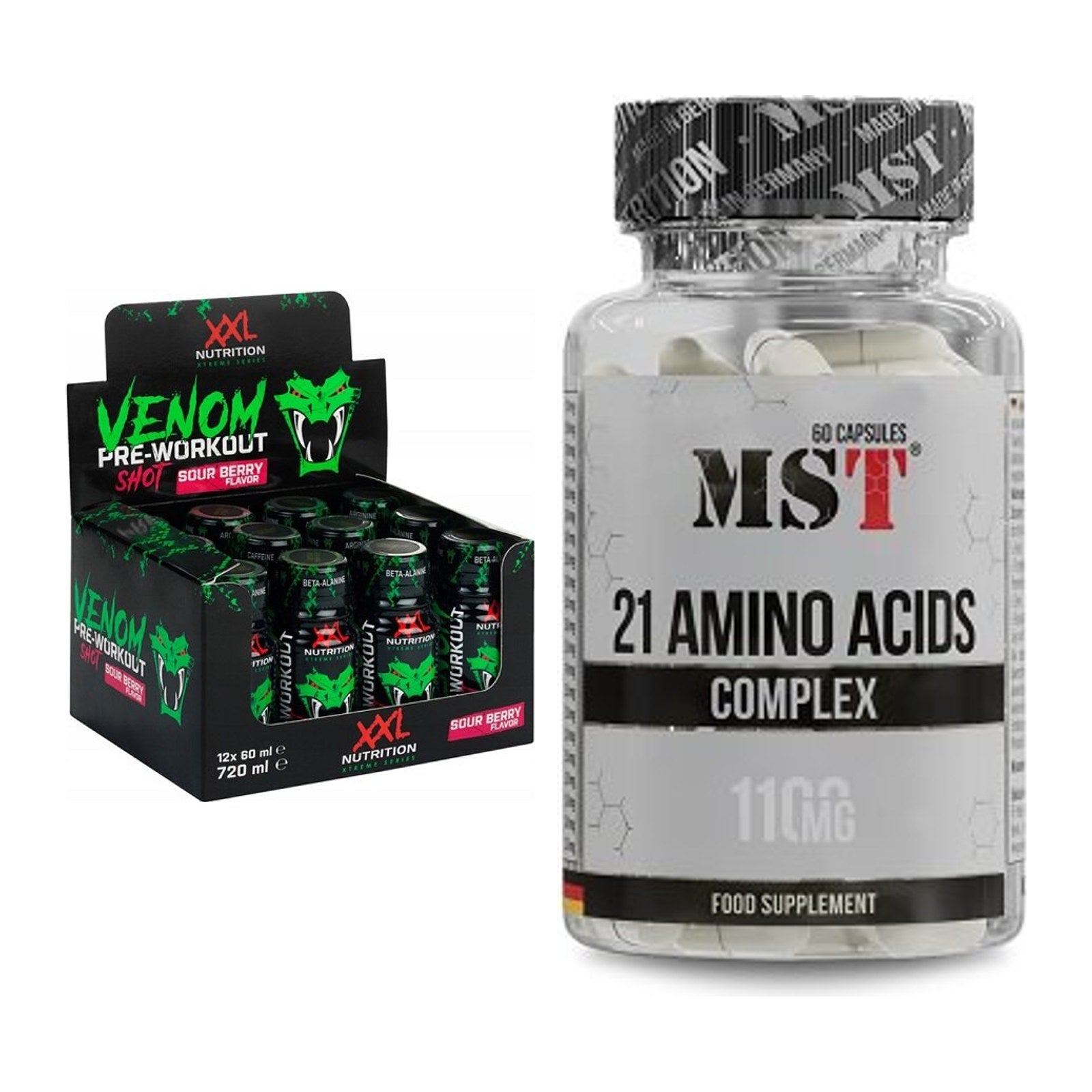 Trainings-Set: XXL Nutrition Venom Shot + MST 21 Amino Acids – alle enthaltenen Artikel