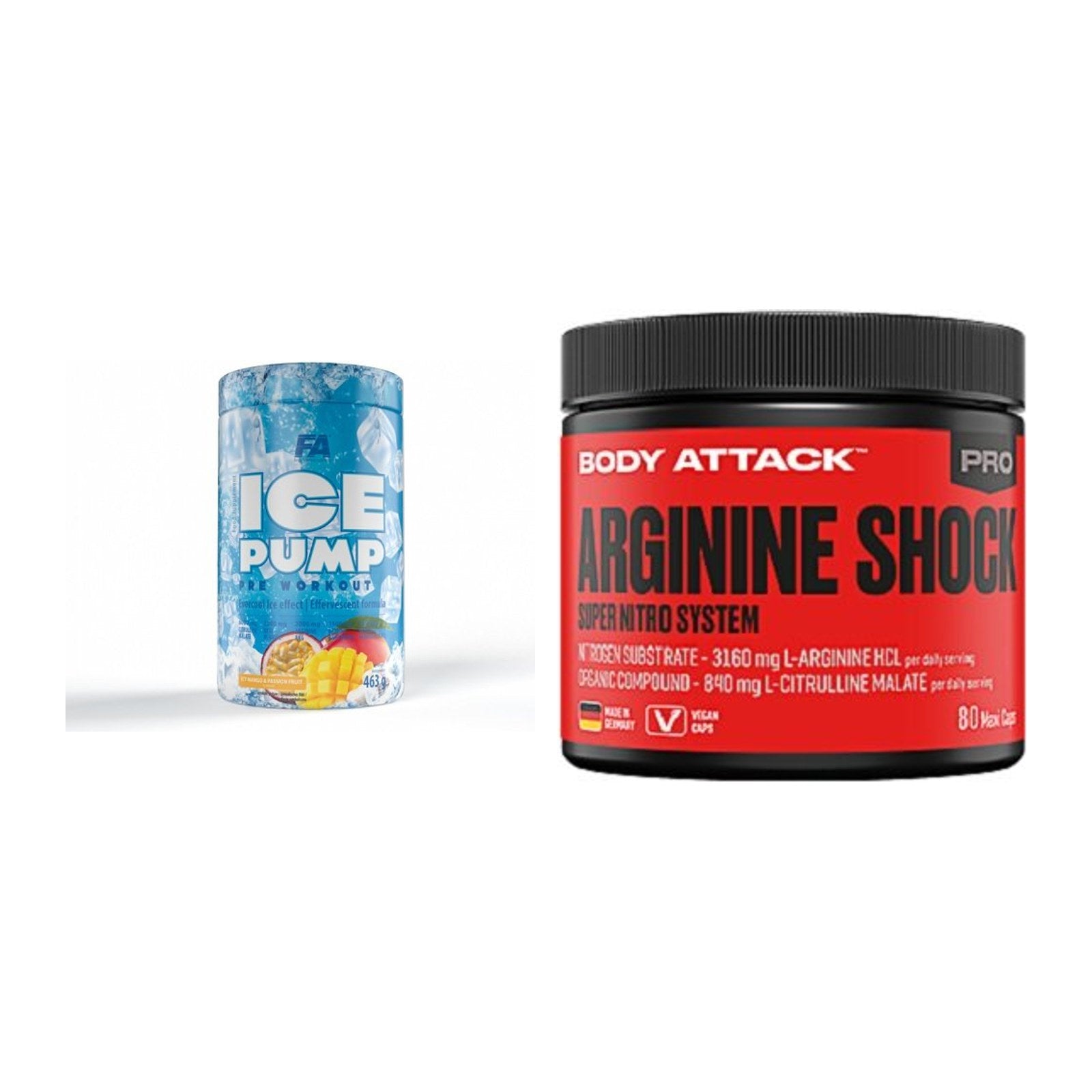 Trainings-Set: FA Nutrition ICE Pump + Body Attack Arginine Shock – alle enthaltenen Artikel