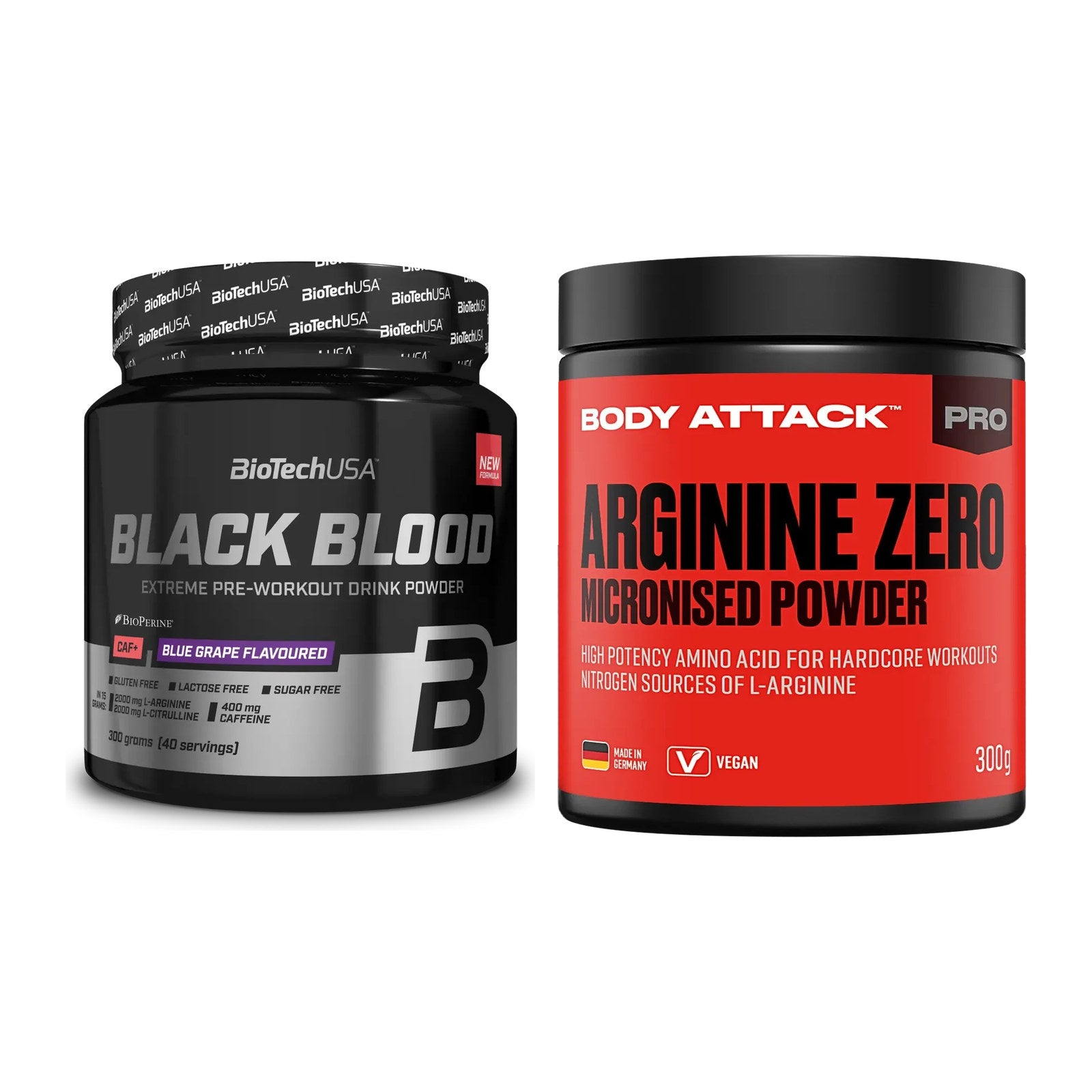 Trainings-Set: BioTech Black Blood CAF + Body Attack 100 % Arginine – alle enthaltenen Artikel