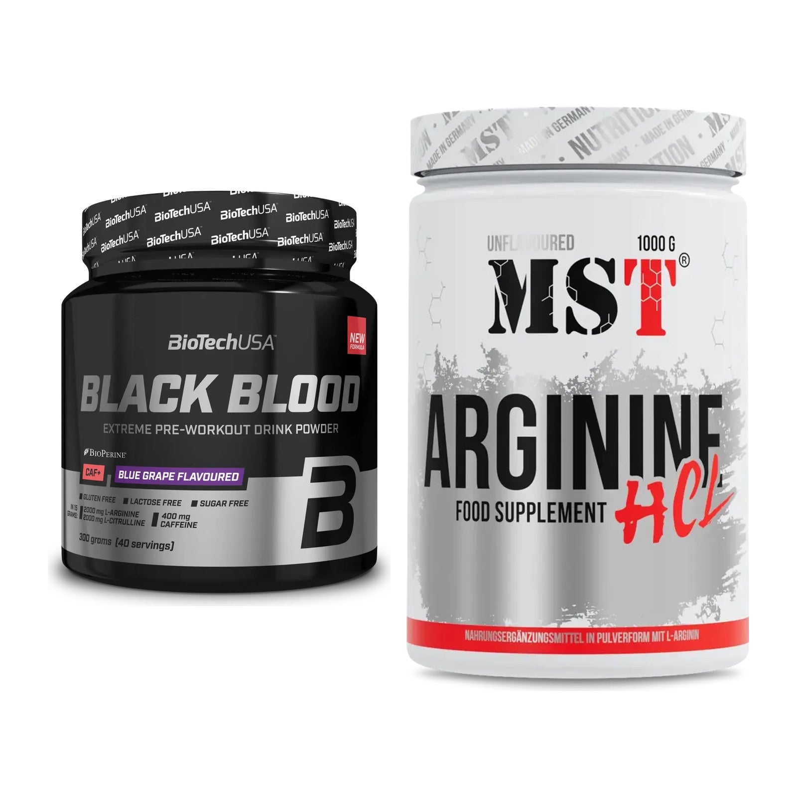 Trainings-Set: BioTech Black Blood CAF+ 300g (80 + MST Arginine HCL – alle enthaltenen Artikel